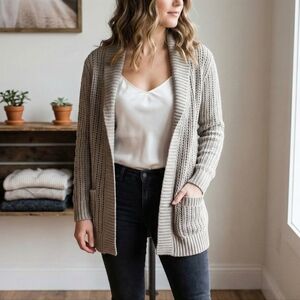 Sunday Best (Aritzia) Womens Cozy Cottagecore Taupe Open-Knit Cardigan Size M